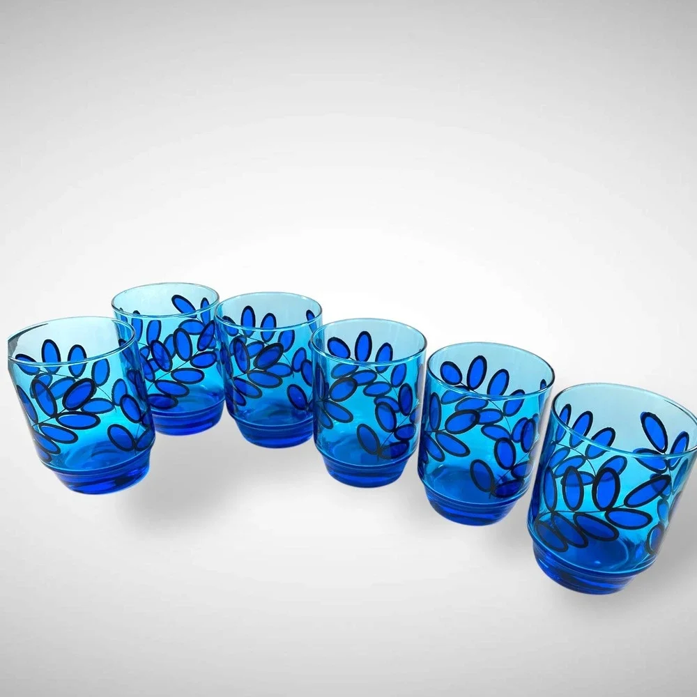 Set of 6 Electric Blue Glass Tumblers Abstract Leaf‎ Design Vintage Barware